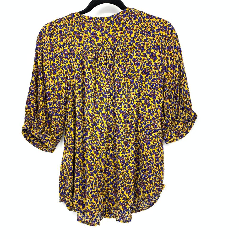 Maeve X Anthropologie Button Front Half Sleeve Blouse Sz M Yellow Blue Floral - Picture 2 of 5